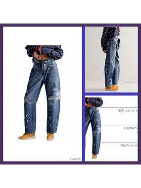 Women's Baggy Barrel Jeans Mid Rise Drawstring Wide Leg Denim Pants